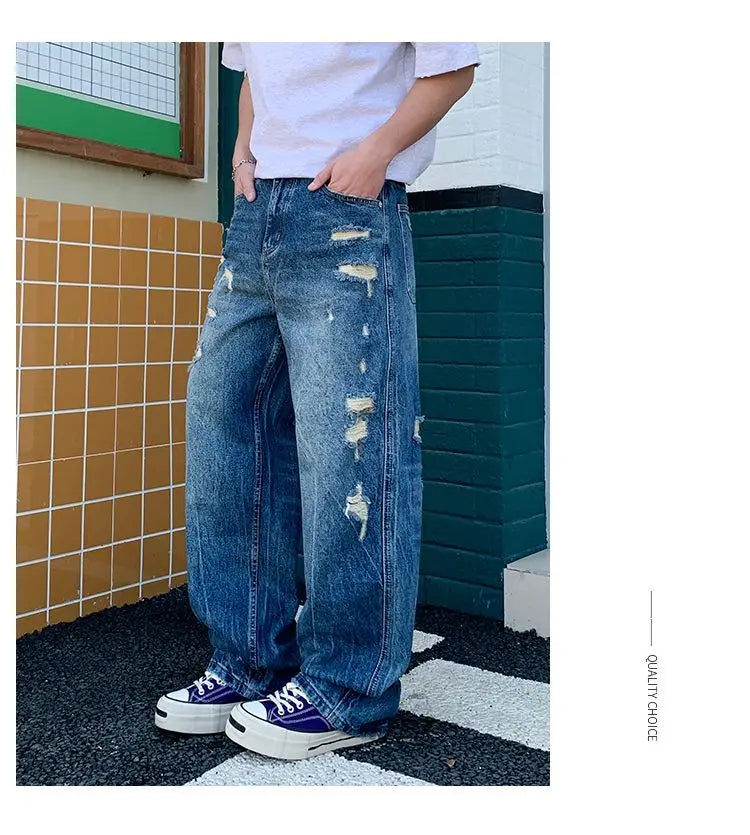 Men's Wide-Leg Jeans Retro Trendy Distressed