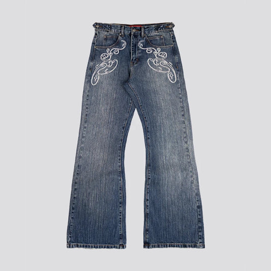 Men/Women Bootcut Jeans Vintage Washed Embroidery Pants