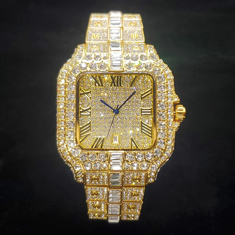 Mens Luxury Diamond Fashion Square Stainless Steel