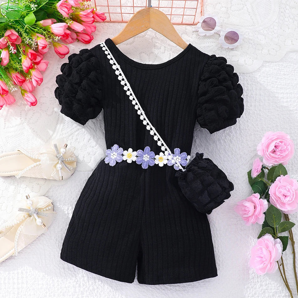 Girls Bubble Sleeve Ribbed Short Romper Set