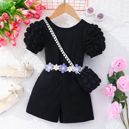 Girls Bubble Sleeve Ribbed Short Romper Set
