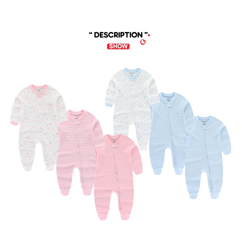 3 Pcs Solid Zipper Baby Rompers 100%Cotton