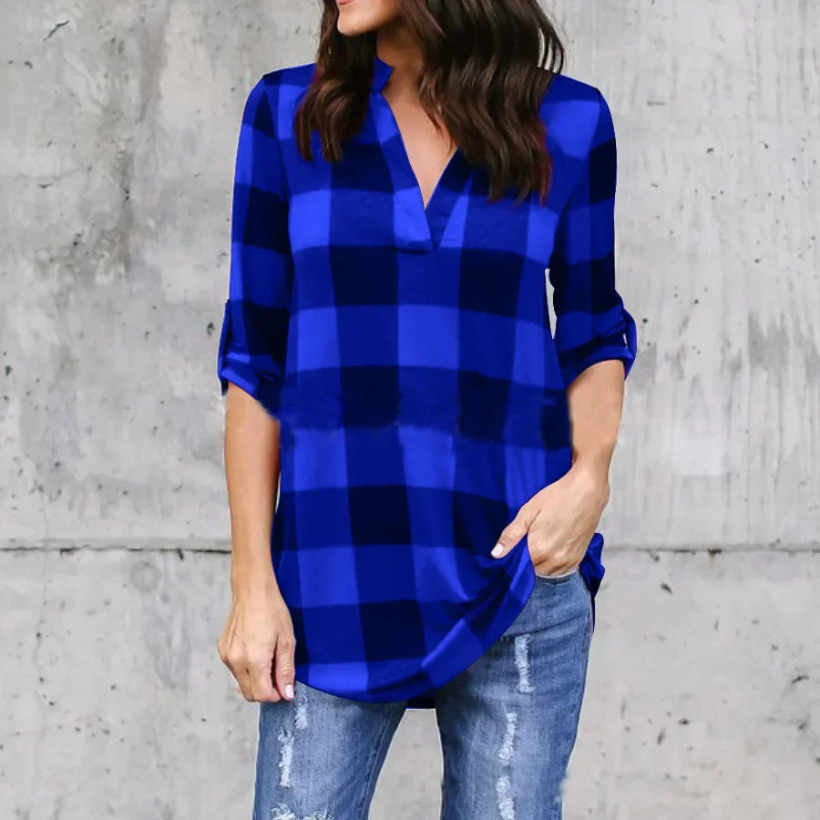 Fashion Plaid V-neck T-Shirt Woman Casual Shirt