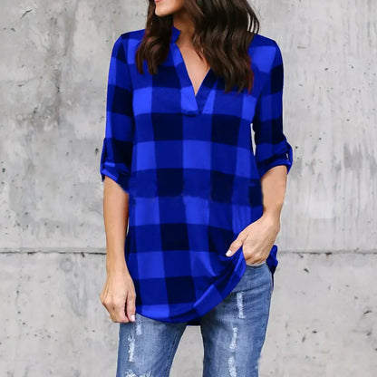 Fashion Plaid V-neck T-Shirt Woman Casual Shirt