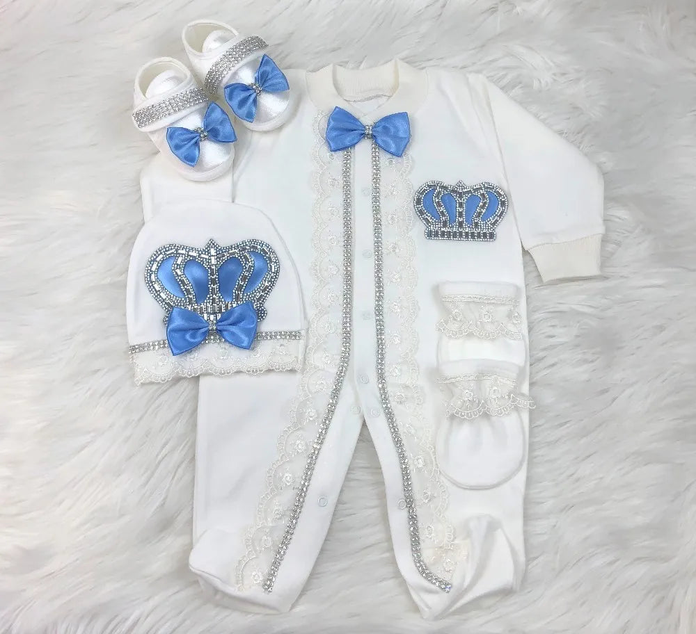 4 Pcs Boy/Girl Rhinestone Crown Jumpsuit Clothing