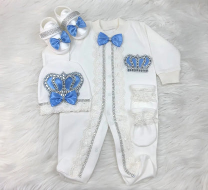 4 Pcs Boy/Girl Rhinestone Crown Jumpsuit Clothing