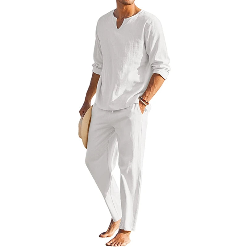 2 Pcs Men Henley Shirt Elastic Waist Drawstring Pants