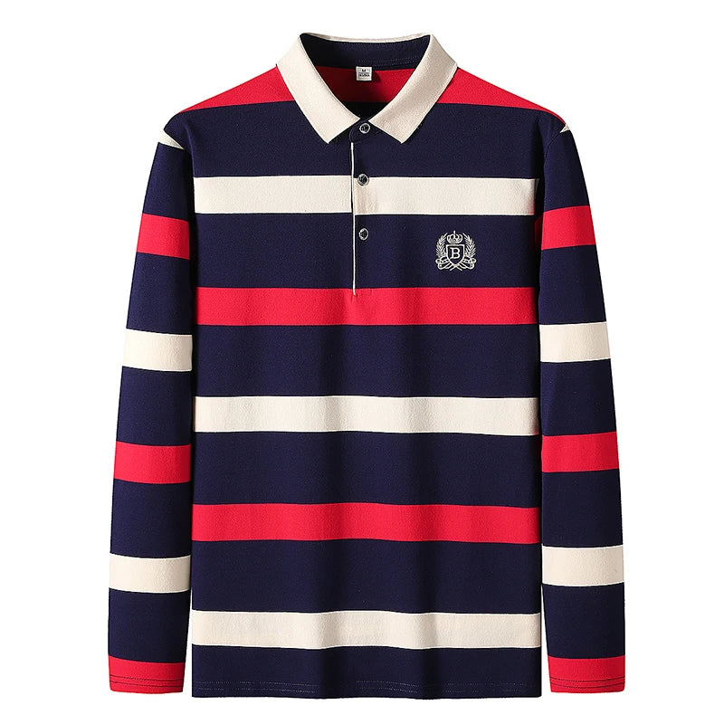 Men Polo Shirt Cotton Long Sleeve Stripe