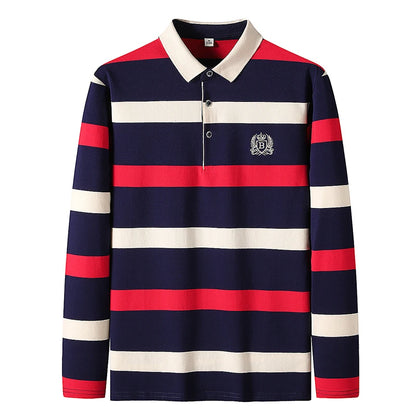 Men Polo Shirt Cotton Long Sleeve Stripe