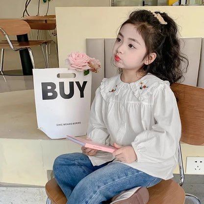 White Girl's Blouse Cotton Doll Collar Shirt
