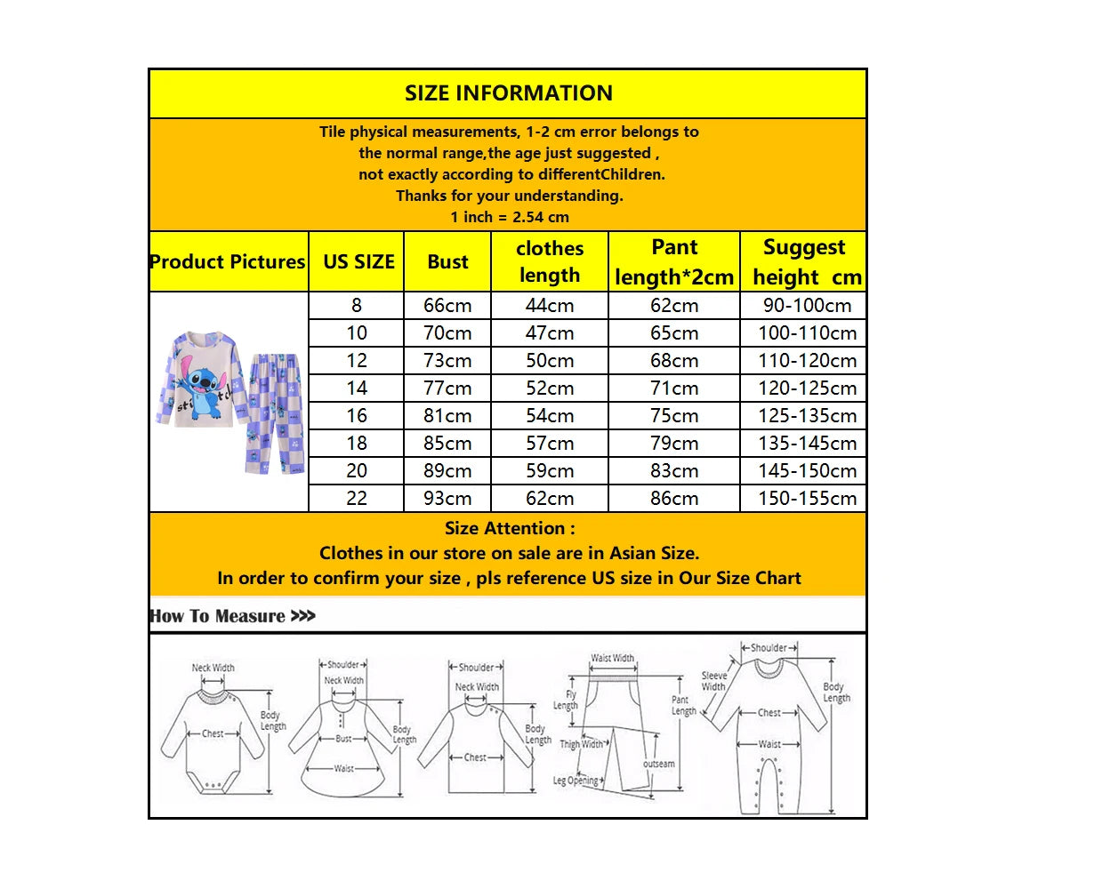 2 pcs Boys/Girls Stitch Casual Sleepwear Pajamas