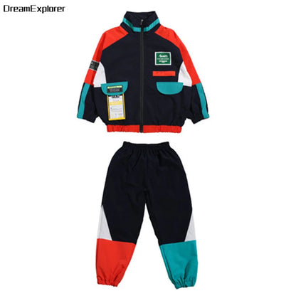 2 Pcs Boys/Girls Hip Hop Contrast Jacket Loose Pants