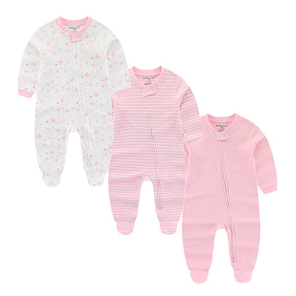 3 Pcs Solid Zipper Baby Rompers 100%Cotton