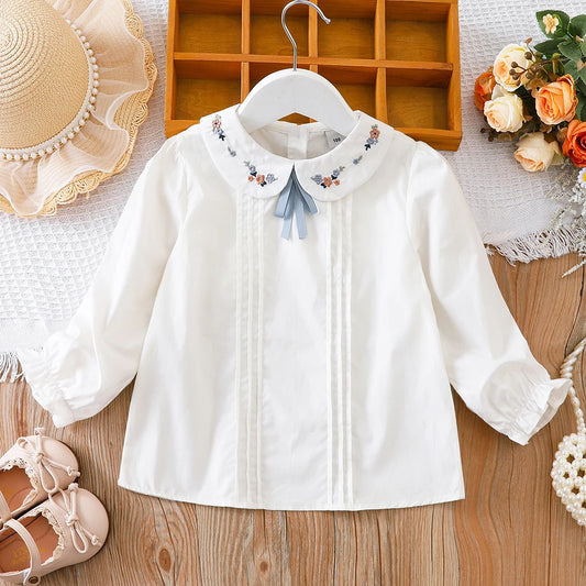 Girls' White Blouse Floral Embroidered Collar Bow