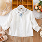 Girls' White Blouse Floral Embroidered Collar Bow