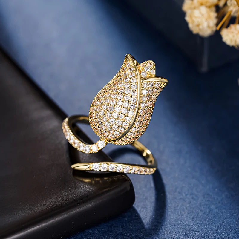 Romantic Tulip Design Flower Rings with Dazzling CZ