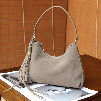 Suede Genuine Leather Crescent Shoulder Bags For Women