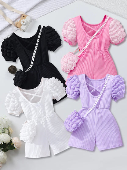 Girls Bubble Sleeve Ribbed Short Romper Set