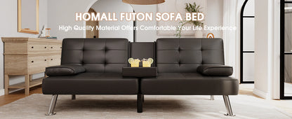 Leather Futon Couch with Removable Armrests