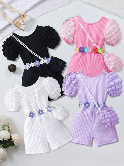 Girls Bubble Sleeve Ribbed Short Romper Set