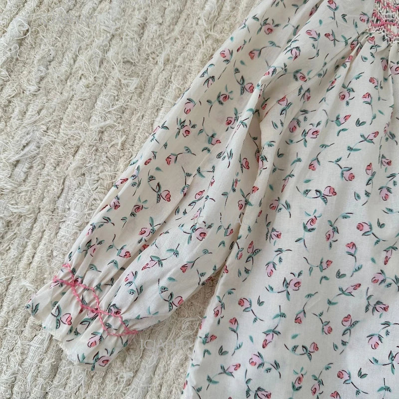 Girls Printed Hand Smocked Blouse Cotton Shirt