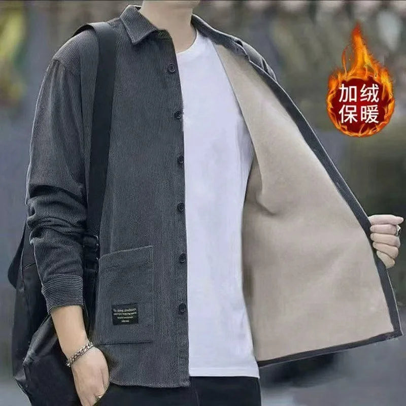 Men's Corduroy Textured Fleece Lining Thermal Coat