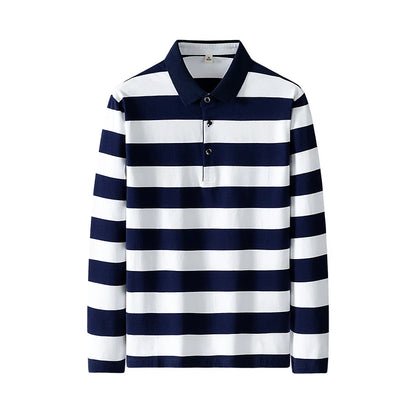 Men Polo Shirt Cotton Long Sleeve Stripe