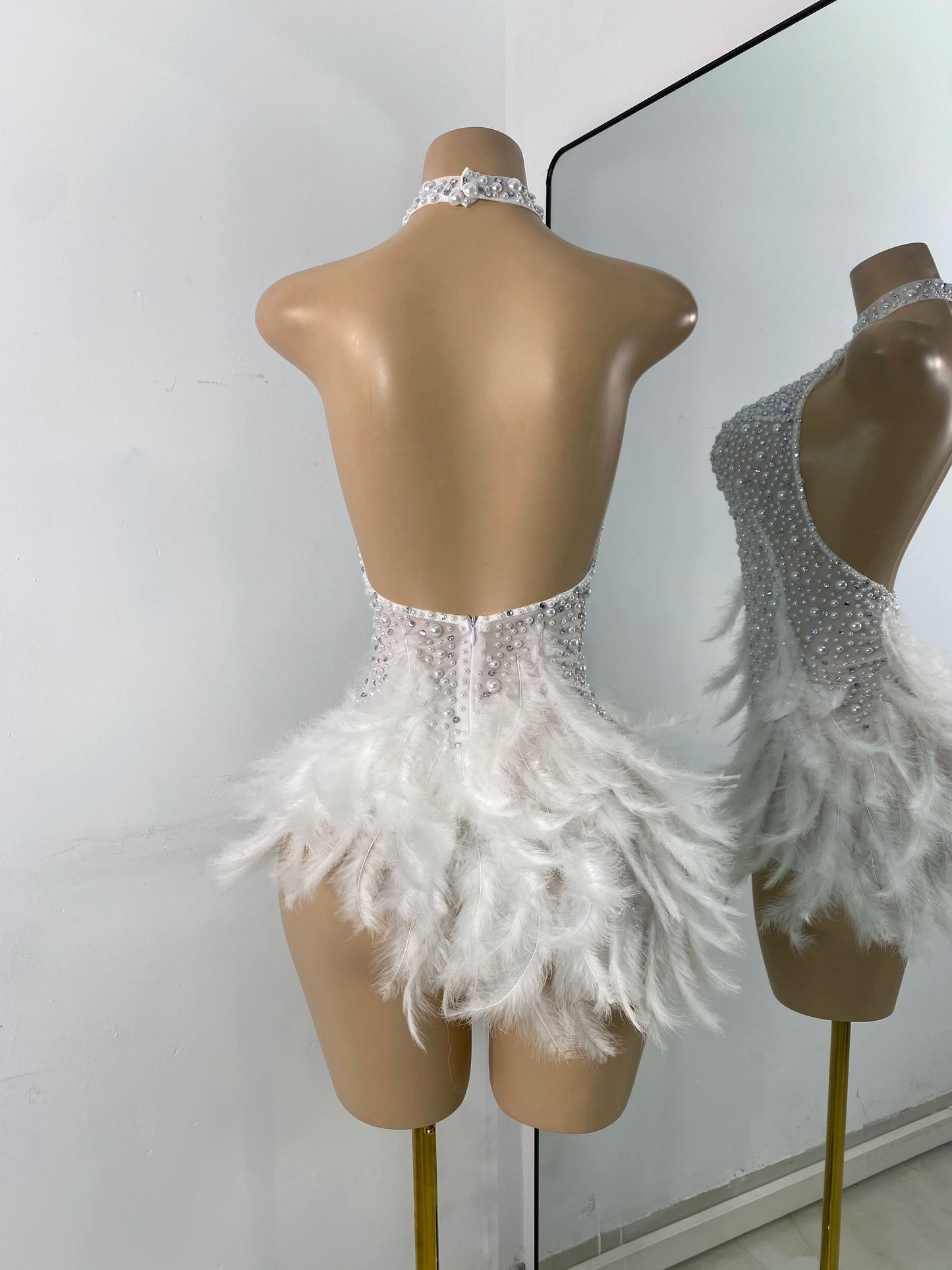 Women Sexy Halter Beading Feather Tight Bodysuit