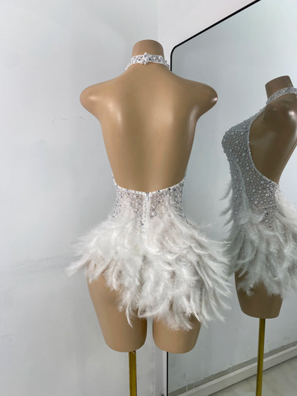 Women Sexy Halter Beading Feather Tight Bodysuit