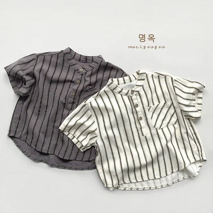 Boys Cotton Striped Pocket Casual Short Sleeve