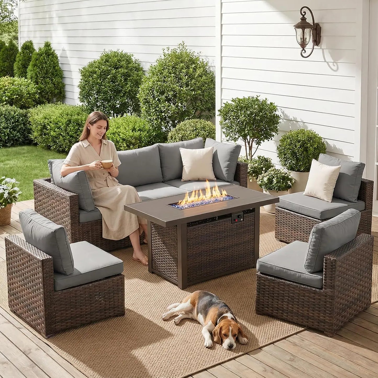 7-Pieces Patio Furniture Sets Outdoor Sectional Firepit Table