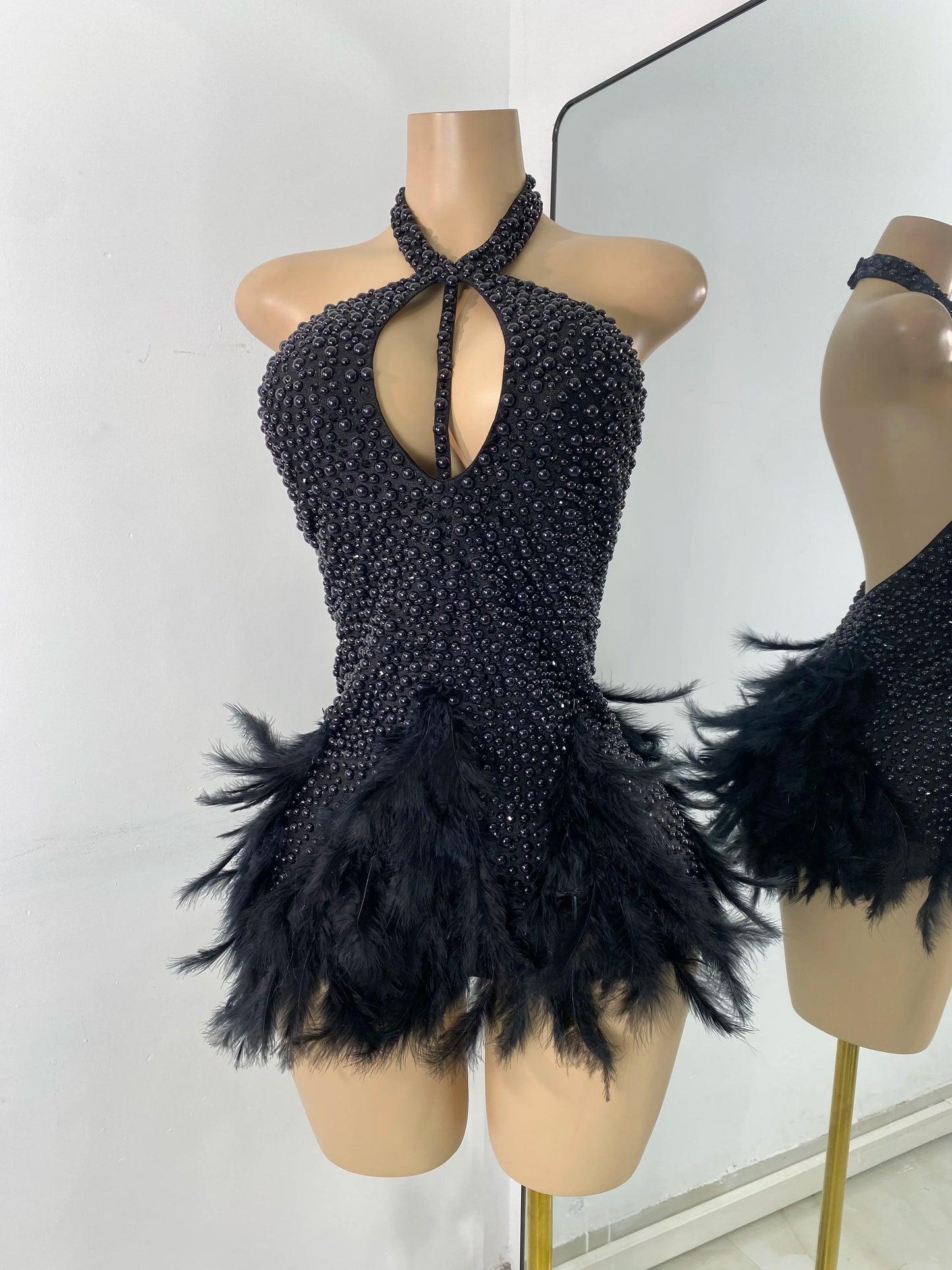 Women Sexy Halter Beading Feather Tight Bodysuit