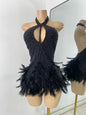 Women Sexy Halter Beading Feather Tight Bodysuit