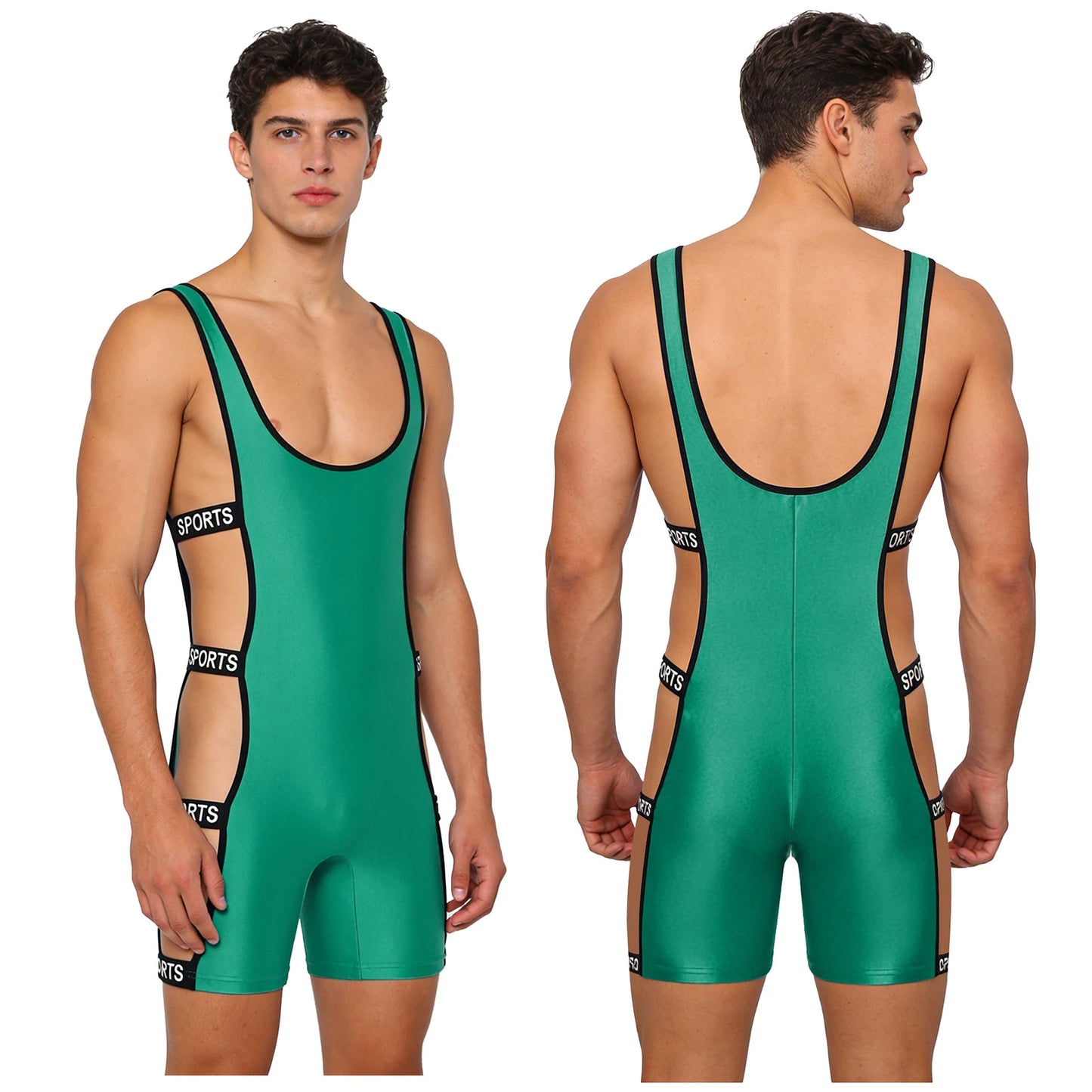 Mens Oil-shiny Workout Bodysuit Low Neckline