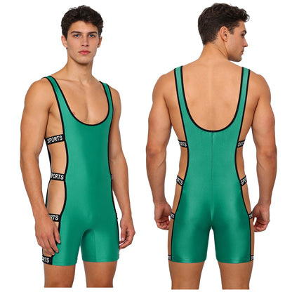 Mens Oil-shiny Workout Bodysuit Low Neckline
