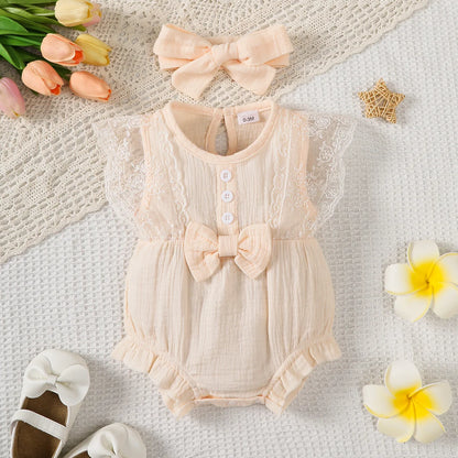 0-18 Month Solid Color Sleeveless Round Neck Lace Edge