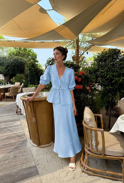 2 PCS V-Neck Lace-Up Bubble Sleeve Shirt  Long Skirt