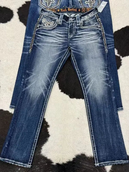 Blue Embroidered Men's and Women's Retro Trendy Jeans