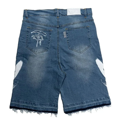 Mens Embroidery Black Jeans  Vintage Baggy Shorts