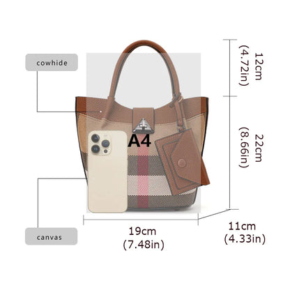 Genuine Leather Canvas Bag Plaid Pattern Women's