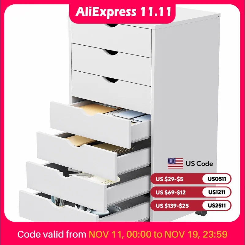 7 Drawer Storage Cabinet Wooden Mobile Rolling Cabinet