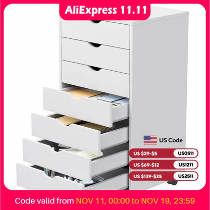 7 Drawer Storage Cabinet Wooden Mobile Rolling Cabinet