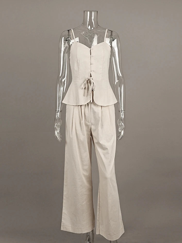 2 Pcs Office Pant Suits Solid Beige Wide Leg