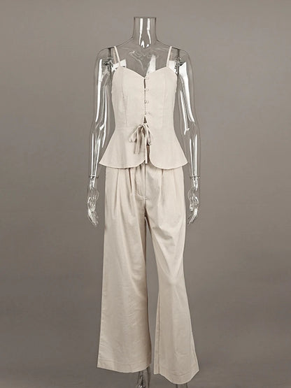 2 Pcs Office Pant Suits Solid Beige Wide Leg