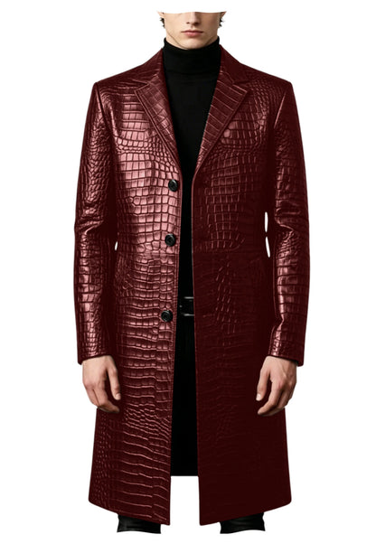 Men's Crocodile Leather Trench Coat Luxury Long