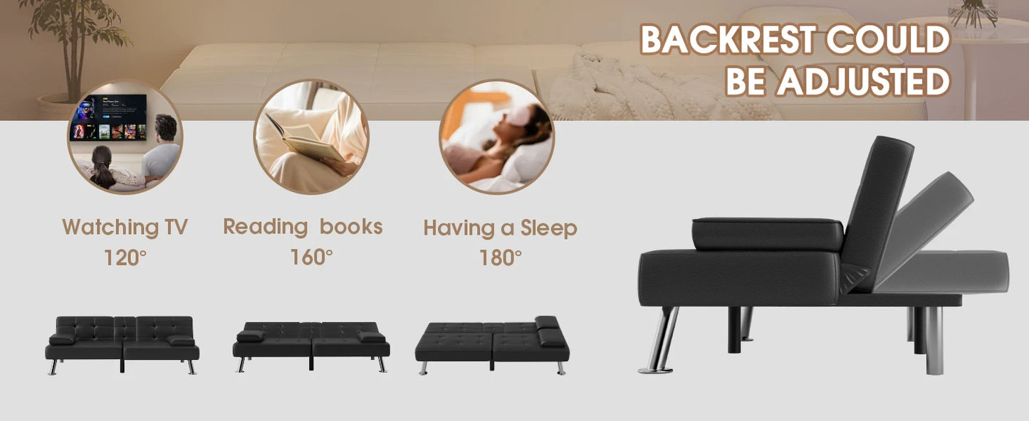 Leather Futon Couch with Removable Armrests