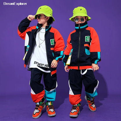 2 Pcs Boys/Girls Hip Hop Contrast Jacket Loose Pants