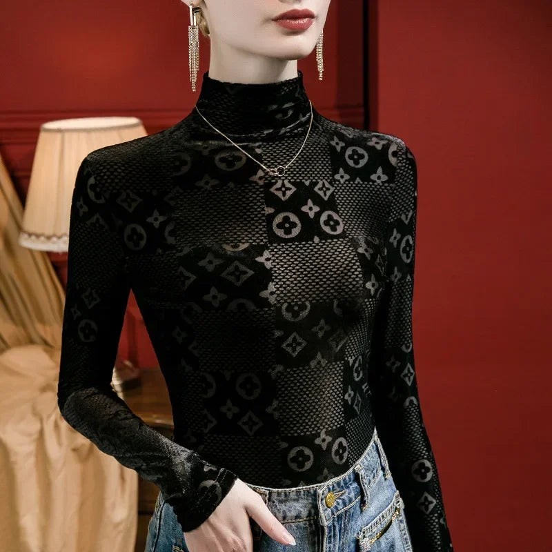 Women Print Flocking Sexy Casual Blouse