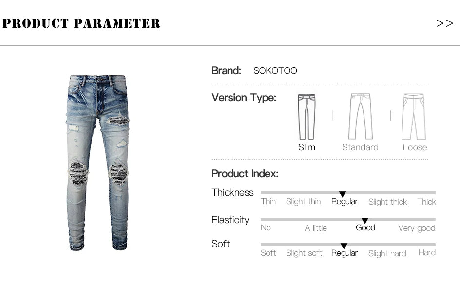 Men Paisley Bandana Print Patch Jeans Skinny