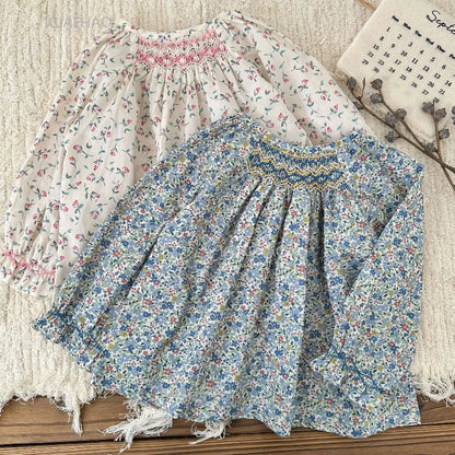 Girls Printed Hand Smocked Blouse Cotton Shirt